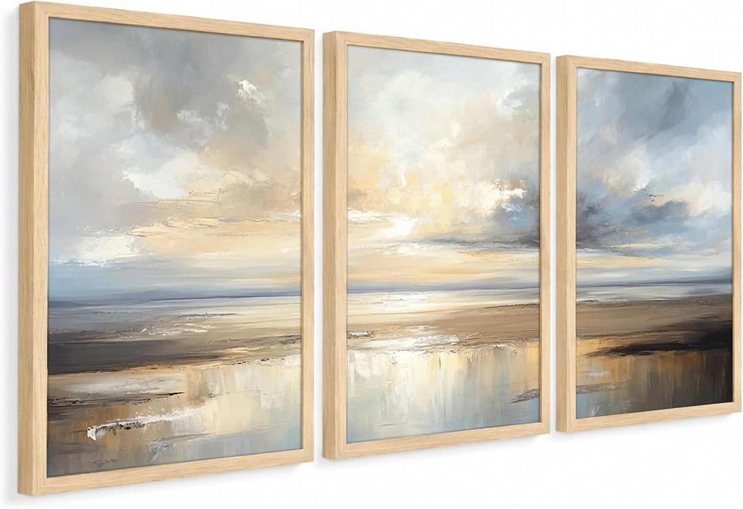 Framed Modern Abstract Coastal Oil Painting Wall Art Set of 3, 16x24 In