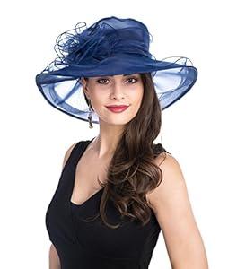 Lucky Leaf Women Lady Kentucky Derby Church Beach Fascinators Hat Wide Floral Brim Flat Hat with Bowknot (Navy)