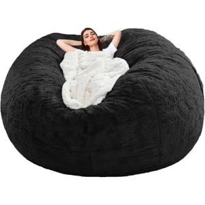 Giant Bean Bag Chair Cover(No Filler),Oversized Round Soft Fluffy PV Velvet Washable Lazy Sofa Bean Bag Bed Cover for Adults, Living Room Bedroom Furniture Outside Cover (Black, 5FT)