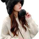 Winter Pompom Beanie Hats for Women Fluffy Knit Womens Beanie Faux Fur Crochet Skull Cap Warm Bucket Outdoor Ear Cover (One Size, Black)