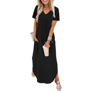 WIHOLL Women's Summer Short Sleeve Dresses Maxi Dress Vacation Beach Sundresses 2026 with Pockets (Medium, Plain Black)