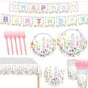 82PCS Spring Floral Party Supplies: Pink & White Floral Dinnerware Set with 16pcs Plates, Napkins, Cups & Forks, 'HAPPY BIRTHDAY' Banner, Tablecloth for Birthday Parties