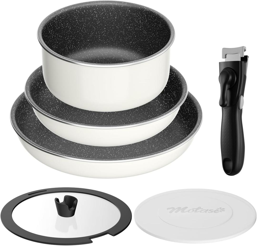 6pcs Pots and Pans Set, Nonstick Cookware Set Detachable Handle, Induction Kitchen Cookware Sets Non Stick with Removable Handle, RV Cookware Set, Oven Safe, White