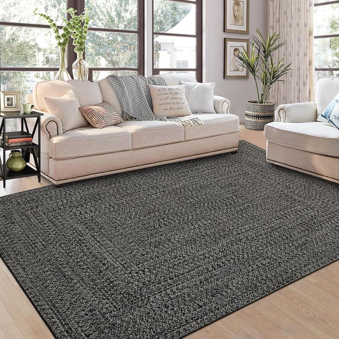 ROYHOME 9x12 Area Rug Large Machine Washable Rug for Living Room Print Braided Floor Cover Stain Resistant Non-Slip Farmhouse Solid Printed Textured Carpet for Home Decor, Grey/Brown