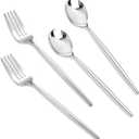 SUT 100Pcs Silver Plastic Silverware - Plastic Spoons and Forks, Disposable Silverware, Plastic Cutlery Set,50 Gold Plastic Forks, 50 Gold Plastic Spoons for Catering, Parties, Dinners, Weddings