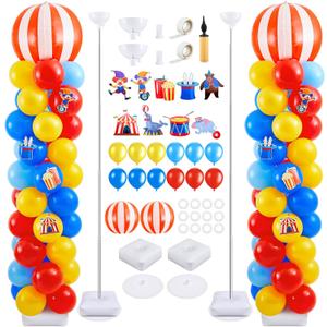 Gejoy 2 Set Carnival Balloon Column Stand Kit with 123 Pcs Carnival Balloons 9 Pcs Carnival Cards 6.5 ft Adjustable Balloon Tower Pillar with Metal Telescopic for Carnival Circus Party Decorations