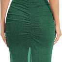Capuffy Women's Spaghetti Straps Elegant Glitter V-Neck Cocktail Maxi Dress Thigh-High Slit Ruched Bodycon Evening Gown 315 (Large, Green)