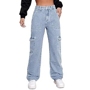 Metietila Women's High Rise Cargo Jean Stretch Straight Wide Leg Jeans Denim Pants for Women, A-light Blue, XX-Large