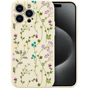 RALEAVO Floral Case for iPhone 15 Pro Max,Liquid Silicone Cover with Cute Flower Branch Pattern for Girls Women Slim Soft Rubber Protective Phone Case for iPhone 15 Pro Max (6.7"),Beige