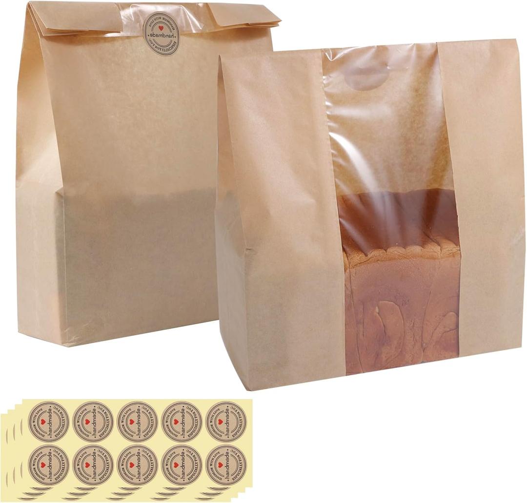50 Pcs Bread Bags for Homemade Bread, 13.8 x 9.5 Inch Large Paper Toast Bags with Window, Sourdough Bread Bag for Gift Giving with Stickers