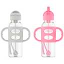 Dr. Brown's Milestones Narrow Sippy Straw Bottle, SpillProof with 100% Silicone Handles and Weighted Straw, 8 oz/250 mL, Gray/Pink, 6m+