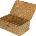 FEIALNDUO Wicker Shelf Baskets with Lid,Seagrass Storage Basket Bins Rectangular Handwoven Basket Boxes for Shelves Desktop Home Organizer (Natural, Small)