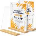 8.5 x 11 Acrylic Sign Holder with Wood Base - Tabletop Display Menu Stand - Clear Plastic L/T Shape Vertical or Slant Back Paper Holders - 3 Pack