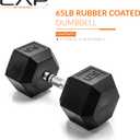 CAP Rubber Coated Dumbbell Weights, Free Weights for Home Gym Strength Training, Anti-Roll Hex Dumbbells with Black, Chrome & Comfort Grip Handles, Singles, Black Handle 65lb