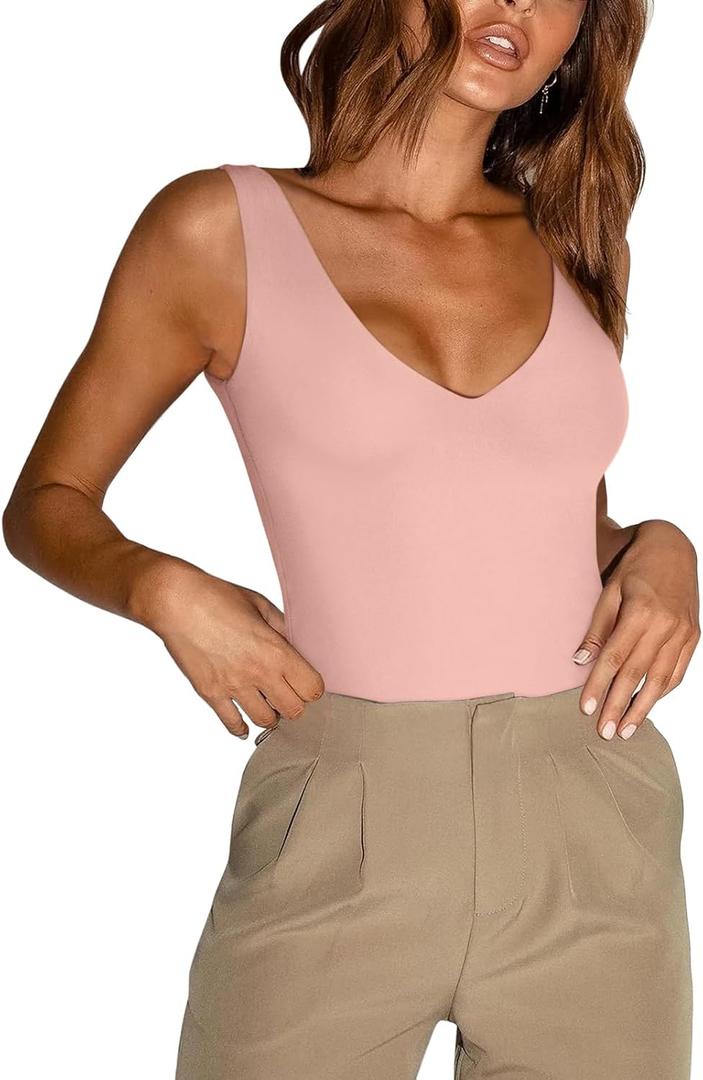 REORIA Butsmooth Womens Trendy Sexy Plunge Deep V Neck Sleeveless V Backless Going Out Tank Bodysuits Tops (Small, Pink)