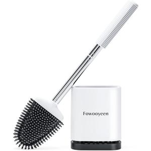 Fowooyeen Toilet Brush and Holder Set, Silicone Toilet Bowl Brush with Stainless Steel Handle, Space-Saving Ventilated Drying Holder, White 1 Pack