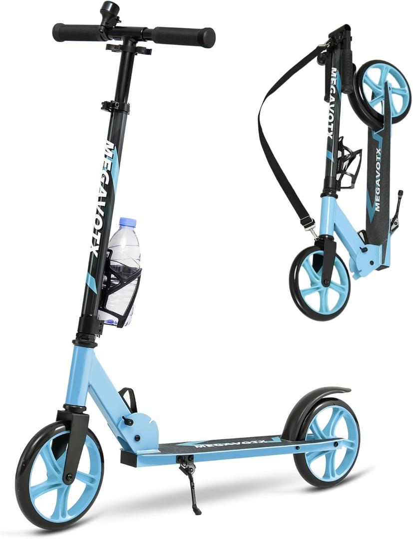 Kids & Adults Kick Scooter  2 or 3 Wheel Options (LED on 3-Wheel) for Outdoor Fun & Commuting, Foldable and Portable, Adjustable Handle, Anti-Slip Deck (Ages 3 to Adult),Birthday Gift (Blue(with CupHolder))