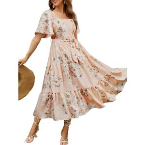 Amegoya Women's Boho Flowy Long Sleeve Square Neck Floral Midi Dress Smocked Spring Fall Wedding Guest Dresses (Large)