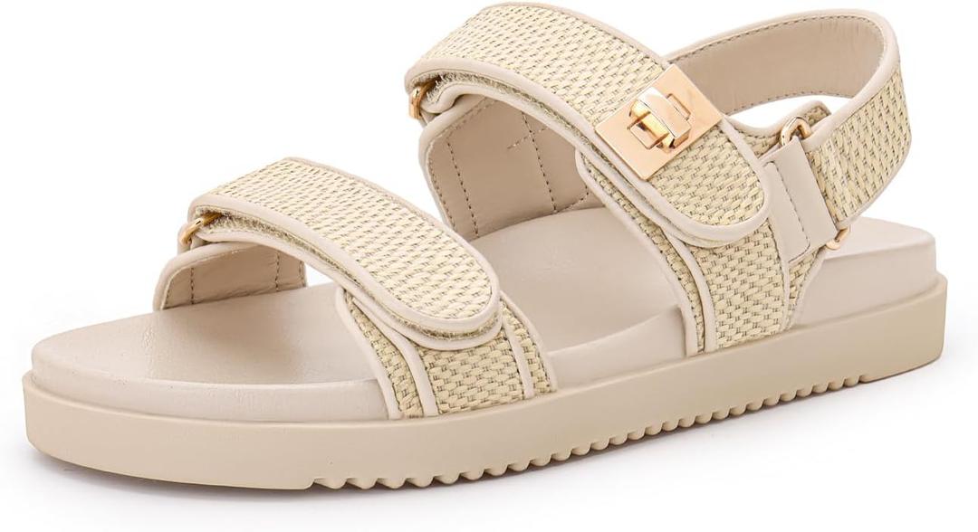 Rihero Women's Flat Sandals Comfort Adjustable Double Strap Slip on Leather Footbed Sandals, Size 8
