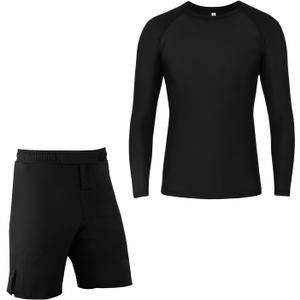 ROAR-INT MMA Rash Guard & BJJ Shorts Set Kids Fight Training Grappling Wear Jiu Jitsu Gi Trunks Outfit Set (X-Small, Black-2pcs-set)