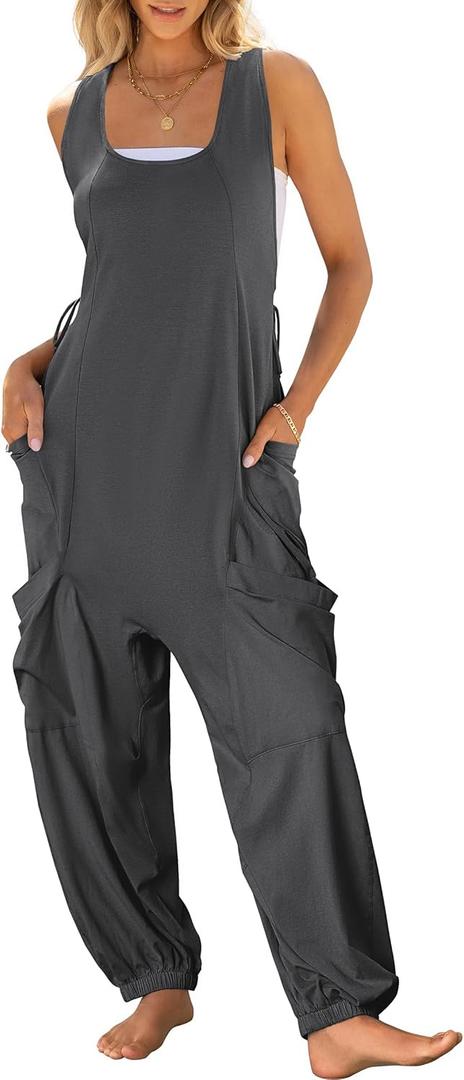 Caracilia Overalls for Women Loose Fit Summer Casual Jumpsuit Sleeveless Baggy Harem Pants Rompers One Piece Jumpers Outfits Dark Grey, Small