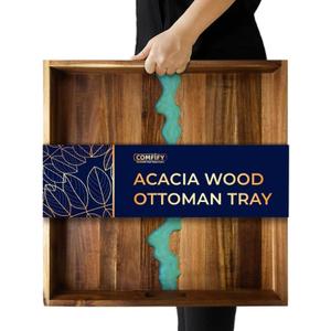 Comfify Extra Large (22") Square Premium Blue River Resin Acacia Wood Ottoman Tray with Handles - Serve Food in Style for Dinner, Breakfast, Snacks, BBQ, Entertaining Guests & More