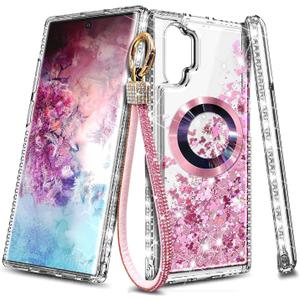 NGB Supremacy Magnetic for Samsung Galaxy Note 10 Case, Rose Gold | Compatible with Magsafe | with Diamond Wrist Strap Lanyard, Glitter Floating Liquid Cute Phone Cover