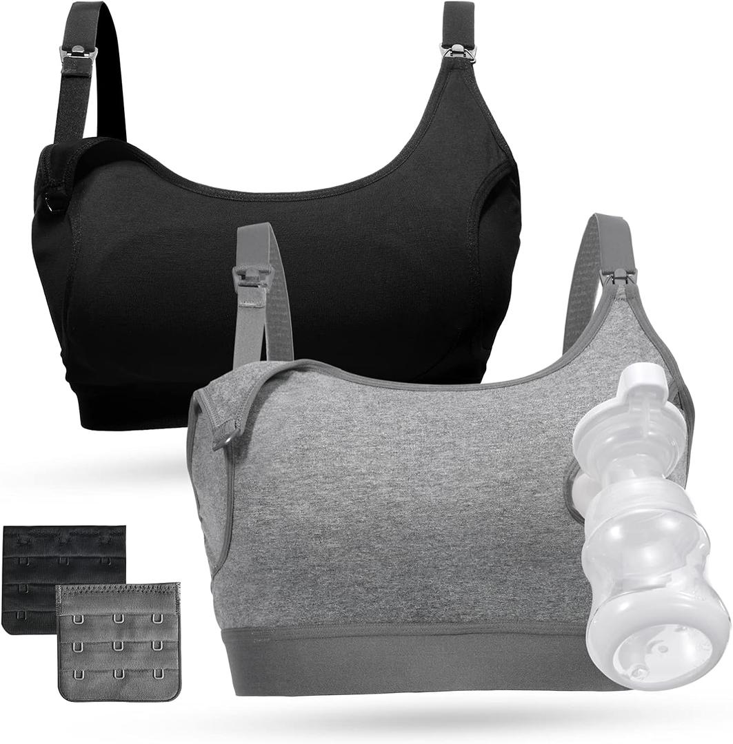 Momcozy Pumping Bra Hands Free All Day Wear Pumping & Nursing Bra in One Holding Breast Pump for Spectra, Medela (Large, Black,grey-2pk)