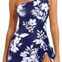 Tempt Me Women One Piece Swim Dress One Shoulder Swimsuit with Skirt Tummy Control Swimdress Bathing Suit, SIZE M Navy White Flower