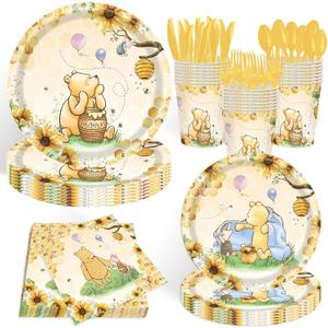 140pcs Classic Bear Baby Shower Decorations Baby Shower Party Tableware with Plates, Napkin, Forks, Cups for Birthday Party Supplies Set Serves 20 Guests (Yellow)
