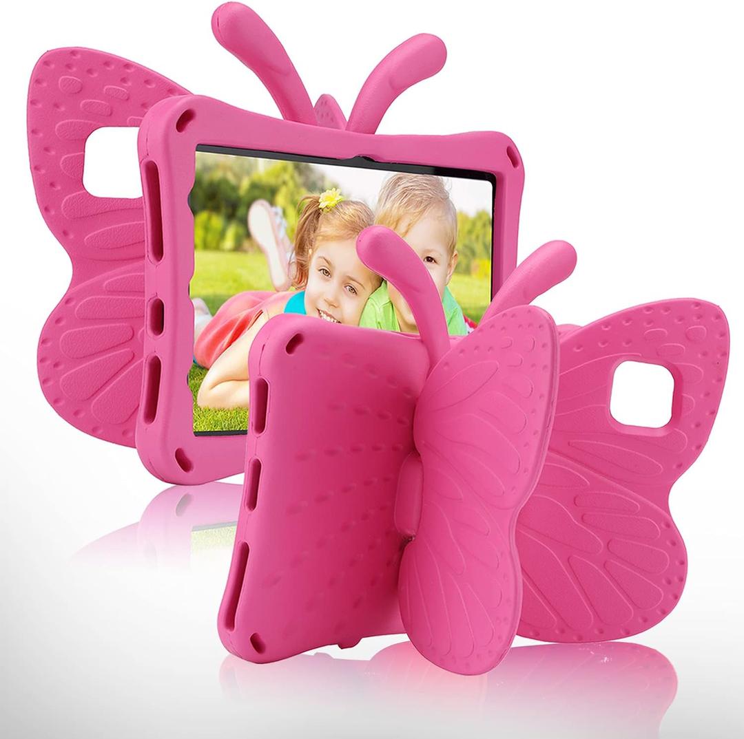 Kindle Fire 7 Kids Tablet Case Fire 7 2022 Butterfly Cover for Girl Toddlers with Kickstand Light EVA Full Boby Drop Protective Rugged Shockproof Kid-Proof Cute Case (Rose)