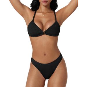 SUUKSESS Women High Waisted Triangle Bikini Sets Textured O Ring 2 Piece Swimsuit (Small, 178 Black)