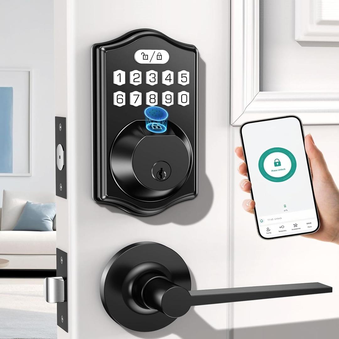 Keyless Entry Door Lock deadbolt with Handle Set- Front Door Fingerprint Smart Locks with 2 Lever Handles-Keypad Code Deadbolt -App Control,Auto Lock, Easy to Install (Black)
