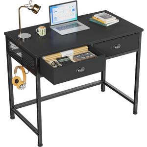 Furologee Small Computer Desk with 2 Fabric Drawers for Bedroom, 34 Inch Simple Home Office Desk for Small Space, Study Work Writing Table with Hooks for Student, Black