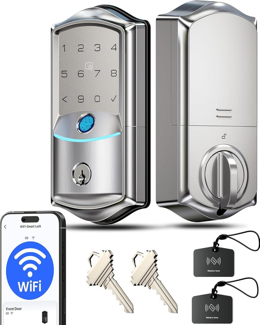 Veise VE027 Built-in Wi-Fi Smart Lock, Fingerprint Keyless Entry Front Door Lock, App Remote & Voice Control, No Hub Needed, Touchscreen Keypad Deadbolt, IP65 Waterproof, BHMA Grade 3, Satin Nickel