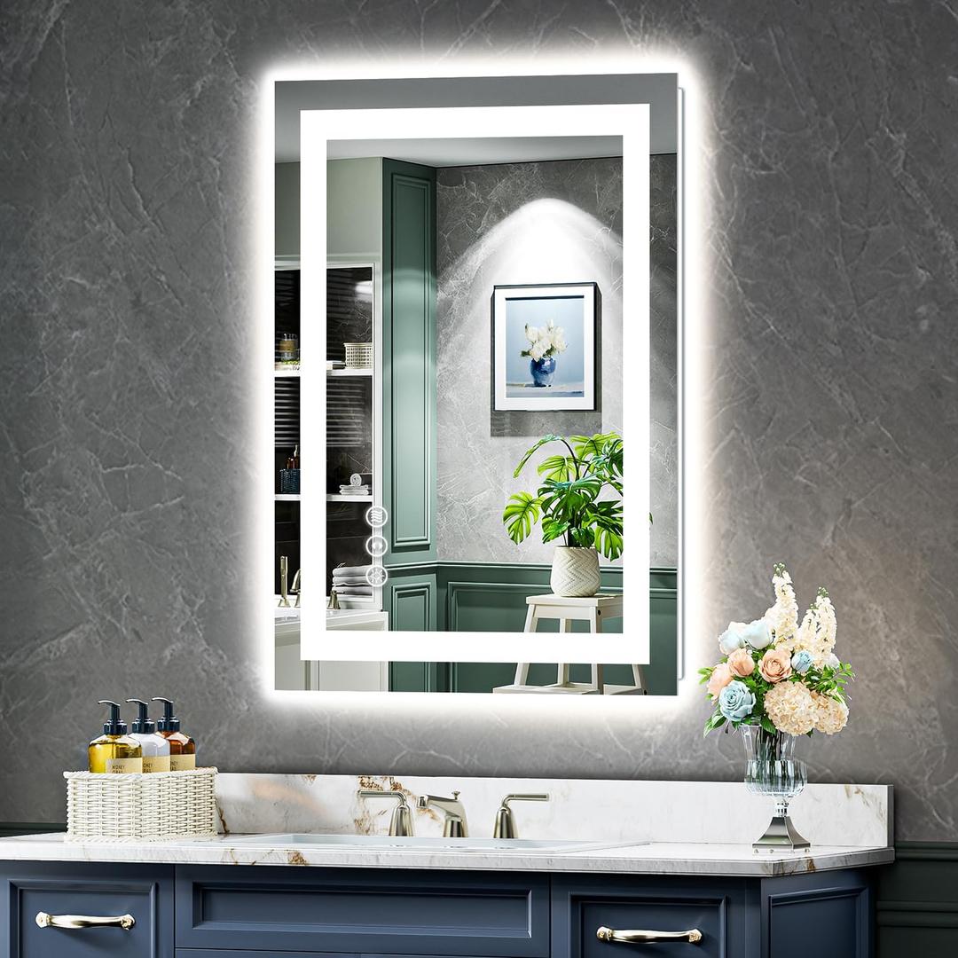 20x30 Inch LED Bathroom Mirror with Lights Front and Backlit Lighted Vanity Mirror for Bathroom Wall with 3 Colors Dimmable Anti-Fog Memory Shatter-Proof IP54 Waterproof Horizontal/Vertical