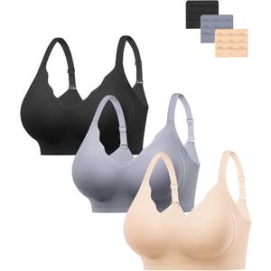 HBselect Jelly Bras for Women No Underwire 3PCS Comfort Wireless Push Up Bras Seamless Scalloped Lift Everyday Bralettes,  Black/Blue/Skin, X-Large