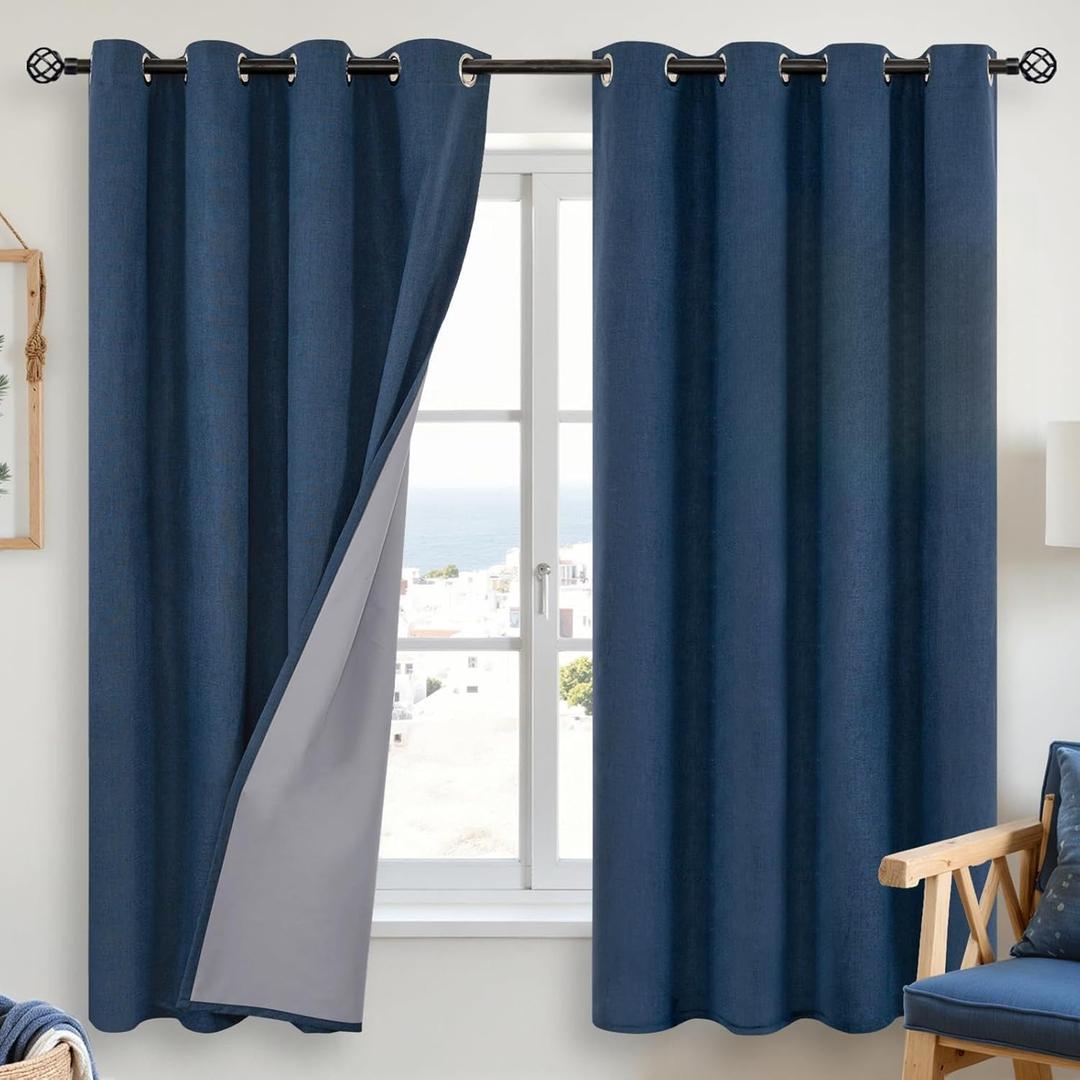 YoungsTex Navy Blue Linen Blackout Curtains 63 Inch Length for Bedroom, Thermal Insulated Black Out Drapes with Grommet Room Darkening Privacy for Living Room Window, 2 Panels, 52 X 63 Inch