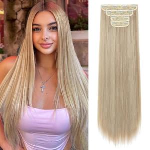 REECHO 28" Straight Long 4 PCS Set Thick Clip in on Hair Extensions -Dark Ash Blonde (28 Inch-320 Gram (Pack of 4), Dark Ash Blonde)