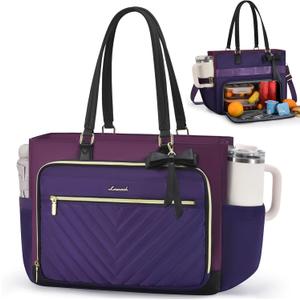 LOVEVOOK Lunch Tote Bag for Women, Insulated Lunch Bag with Laptop Compartment, Large Capacity Work Tote with Cup Holder, Water Resistant Insulated Bag Leakproof for Teacher Nurse, Office, 17.3 Inch