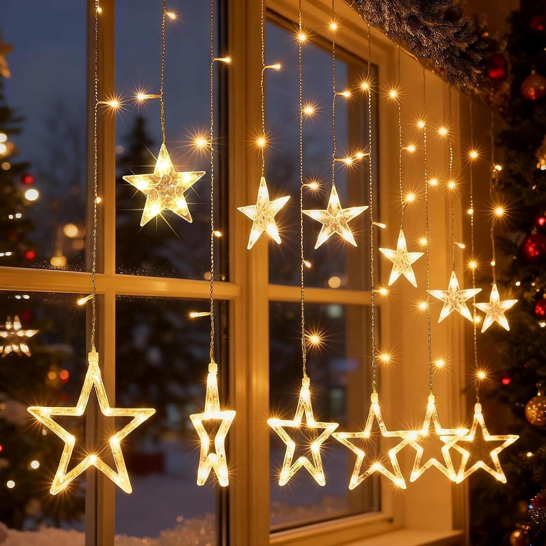 138 LED Plug-in Star Curtain String Lights, 12FT 12 Clear Star Window Curtain Fairy Icicle Lights With 31V/8 Modes/Timer/Memory for Christmas Bedroom Party Indoor Outdoor Decorations-Warm White