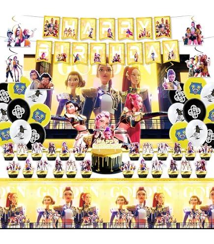 Demon Hunters Birthday Decorations, Party Supplies Set Include Banner, Backdrop, Balloons, Hanging Swirls, Cake Cupcake Toppers for Boys Girls Kpop Theme Party