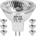MR16 12V 50W Halogen Light Bulbs 2 Pin, 6 Pack MR16 Halogen Bulb 50W GU5.3 Base Dimmable Indoor Outdoor Flood Halogen Small Light Bulb 2800K Warm White for Landscape, Track Lights