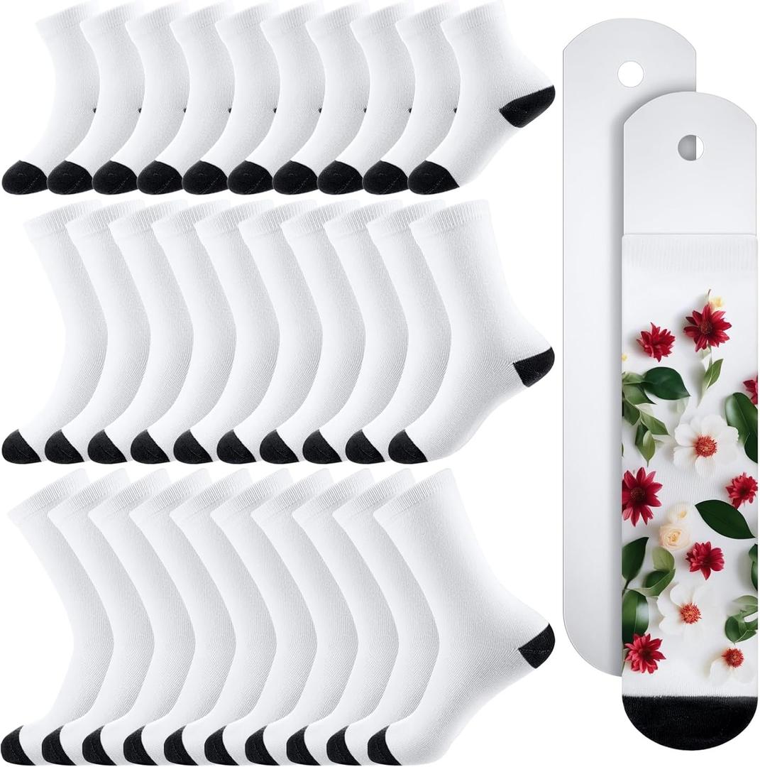 Toulite 15 Pairs White Sublimation Socks Blanks Polyester Socks Heat Transfer 2 Pcs Metal Sublimation Sock Jig, 3 Sizes (Black Sole)