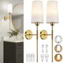 2 Pack Battery Operated Wall Sconce with Remote Control, Gold Antique Brass Iron Armed Wall Lamp Modern Wall light Fixture White Fabric Shade Wall Sconce For Bedroom, Living Room, Hallway