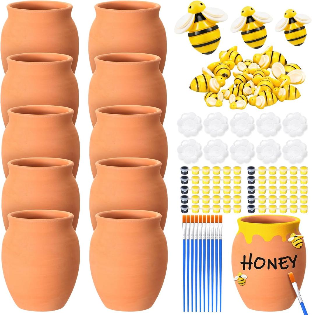 10 Sets Terracotta Clay Honey Pots Kits Bulk Bee Birthday Party Table Centerpieces Decorations DIY Honey Pot Jar Activity Bee Party Favors Gift for Guest (Cute)