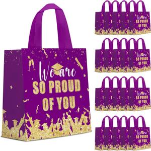 Infankey 24 Pieces Graduate Gift Bags Graduation Party Favor Gifts Non Woven Wrapping Bags for Graduation Season Theme Party Supplies Decoration (Purple Gold), 24 count