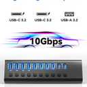 10-Port Powered USB Hub 3.2 10Gbps USB-A 3.2 + 2 USB-C 3.2 + 7 USB 3.0 Ports with Individual Switches & 12V Adapter for Laptop, MacBook, PC, Gaming