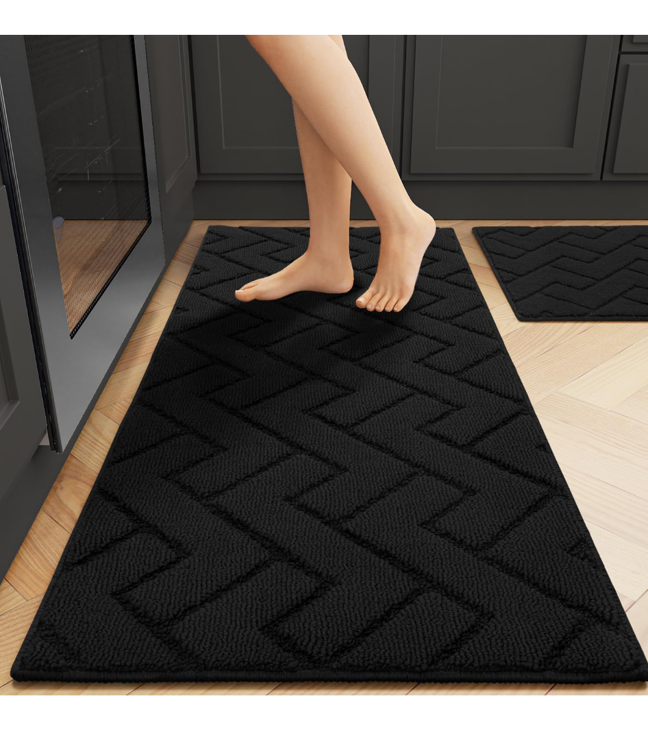 Kitchen Rugs and Mats Sets,2 Pieces Super Absorbent Polypropylene Non-Slip Rug,Soft Comfort Floor Mat,Washable for Kitchen,Hallway,Office,Sink,Laundry(20" x 31.5" Plus 20" x 48",Black)