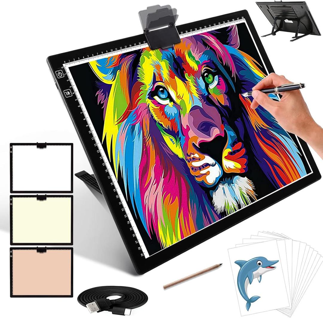 A3 Tracing Light Box, iVAOOZE A3 LED Light Pad with 3 Colors Mode Stepless Dimmable and 6 Levels of Brightness Light Copy Pad, Wireless Rechargeable Led Light Board for Diamond Painting Sketching